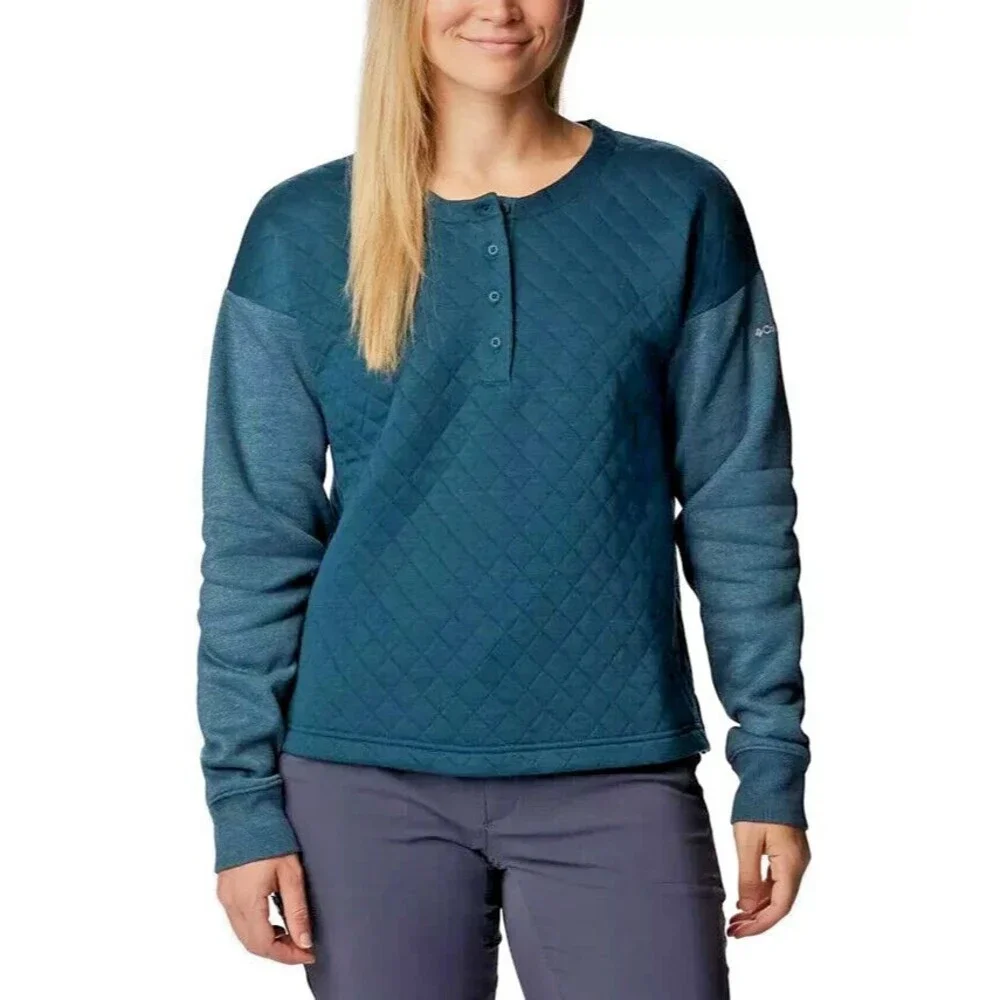 Columbia Women's Hart Mountain Quilted Crewneck  Sweater Top Night Wave Green S